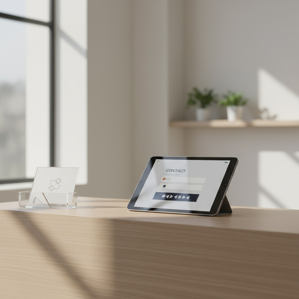 An office setting featuring a desk and tablet displaying a website template with a 'Contact' page.